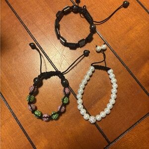 Crystal Adjustable Beaded Bracelet Set - Black, Green/Pink and Pearl White